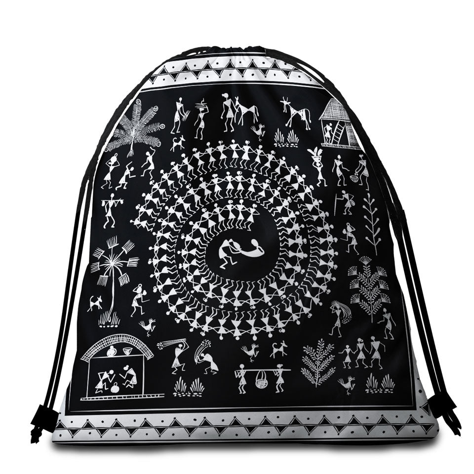 Black and White African Packable Beach Towel Tribe Story