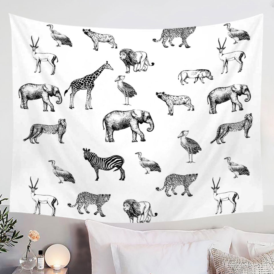 Black and White African Wildlife Animals Wall Decor Tapestry