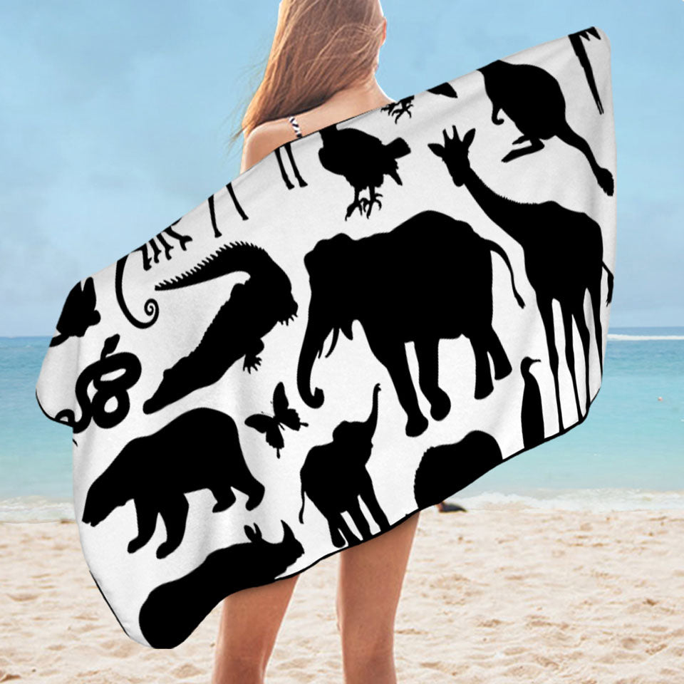 Black and White Animals Beach Towel with Silhouettes