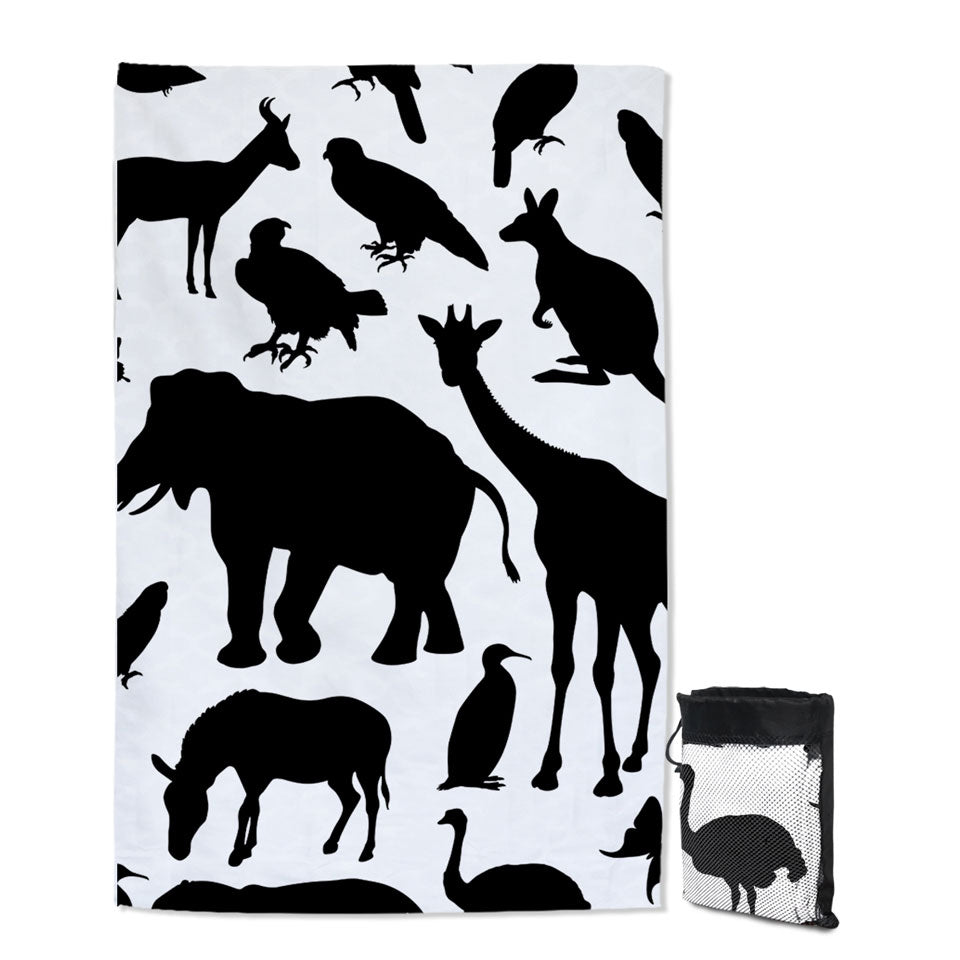 Black and White Animals Quick Dry Beach Towel with Silhouettes