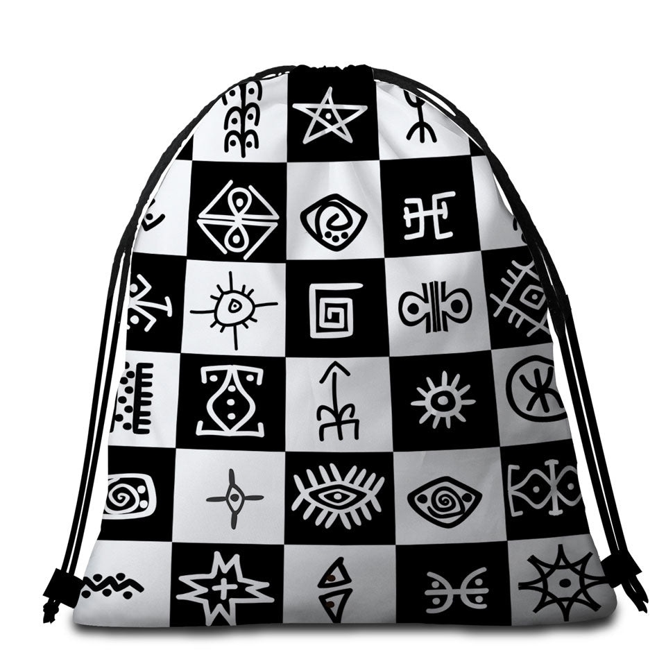 Black and White Aztec Beach Towel Bags with Symbols Checkers