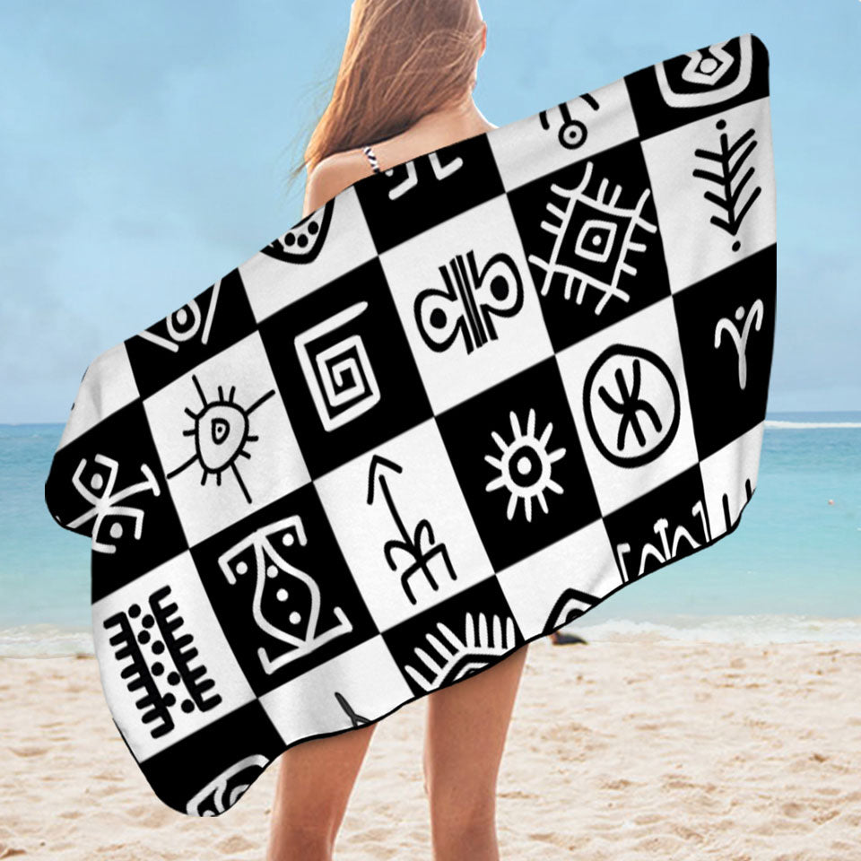 Black and White Aztec Beach Towel Symbols Checkers