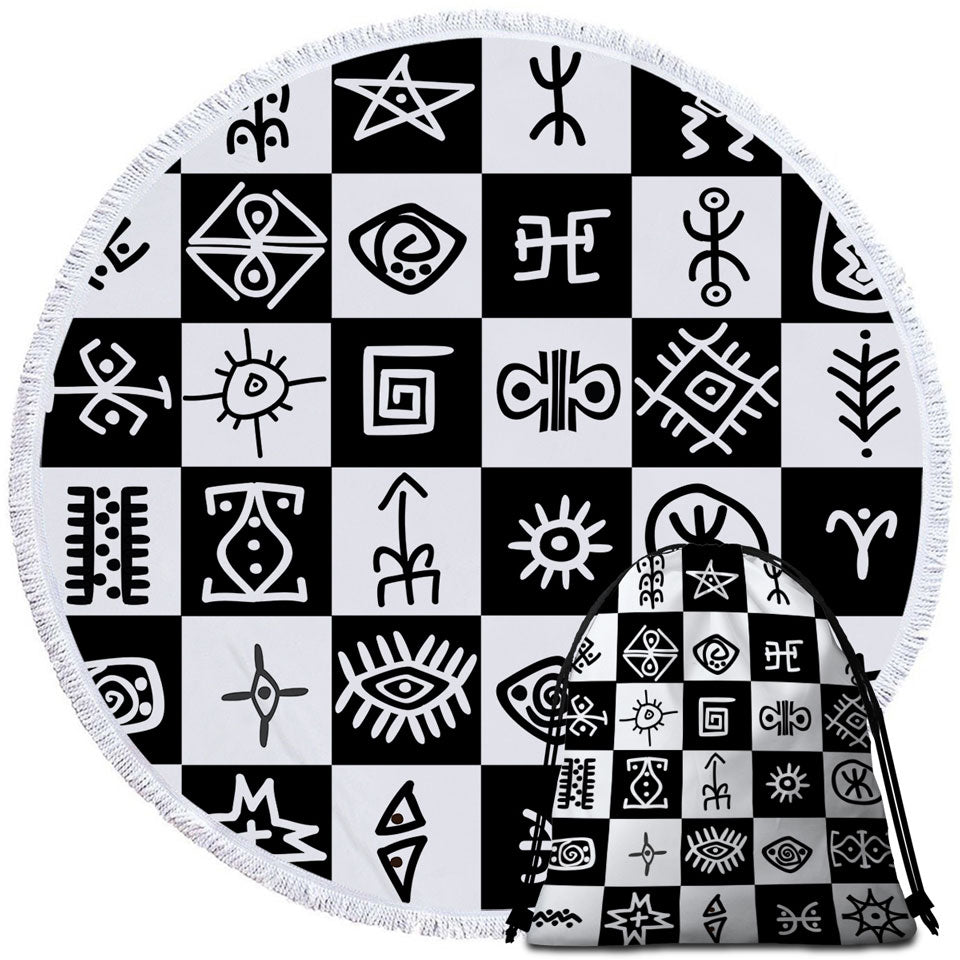 Black and White Aztec Beach Towels and Bags Set with Symbols Checkers