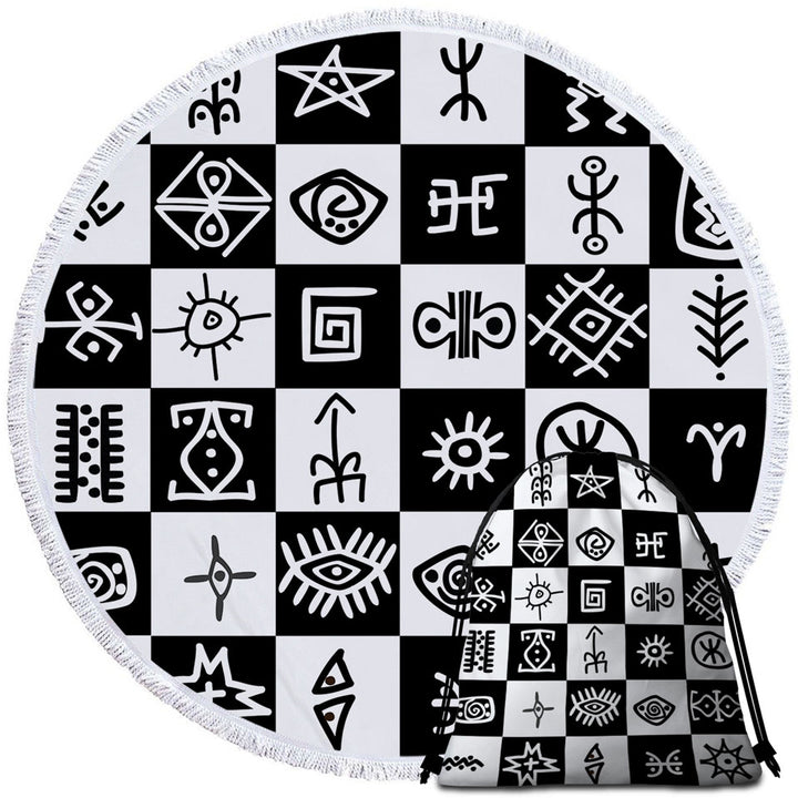 Black and White Aztec Beach Towels and Bags Set with Symbols Checkers
