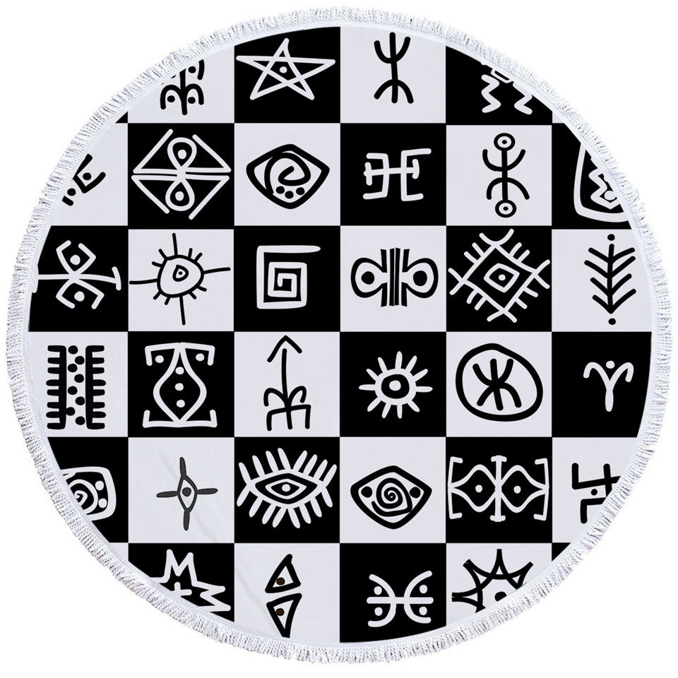 Black and White Aztec Circle Beach Towel with Symbols Checkers