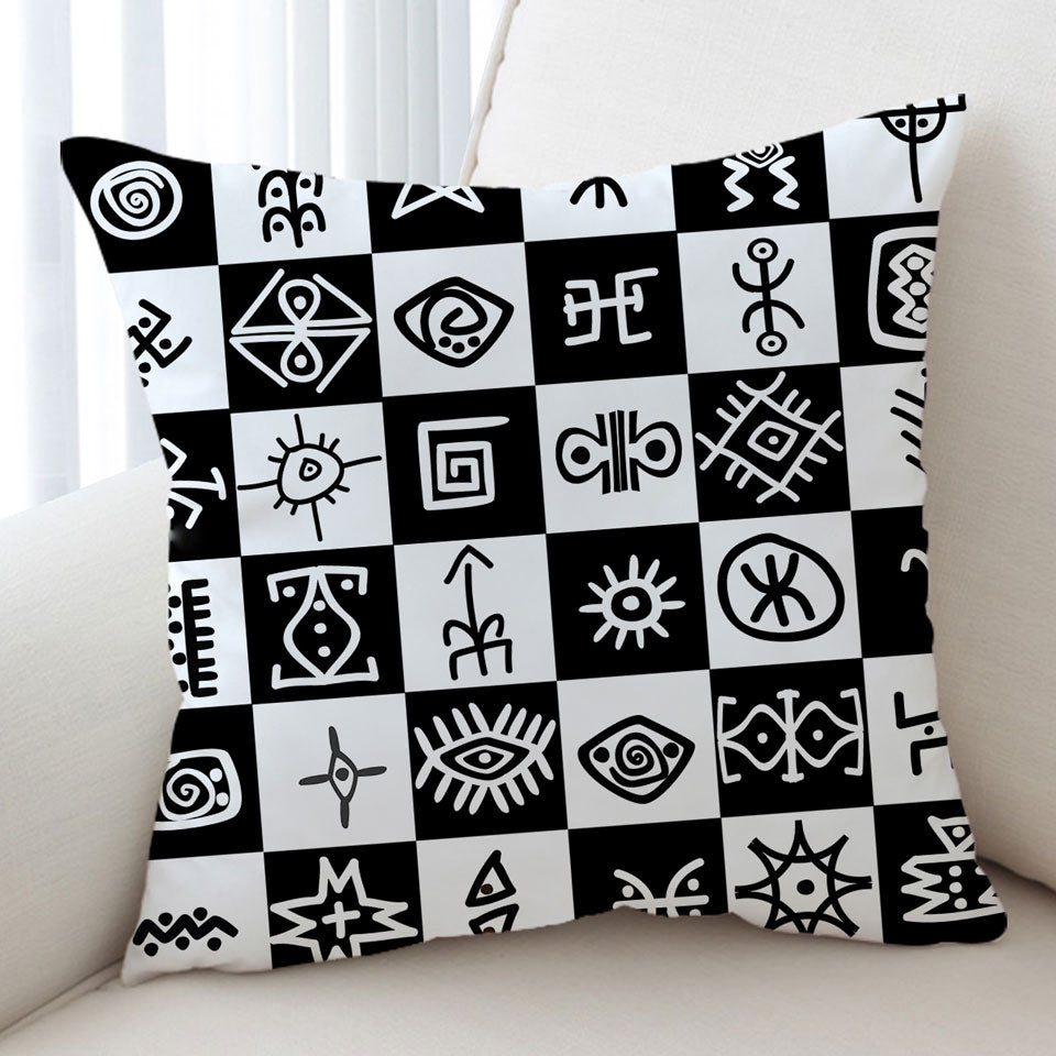 Black and White Aztec Cushion Symbols Checkers