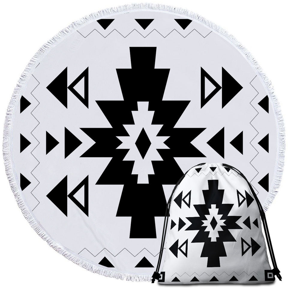 Black and White Aztec Round Beach Towel