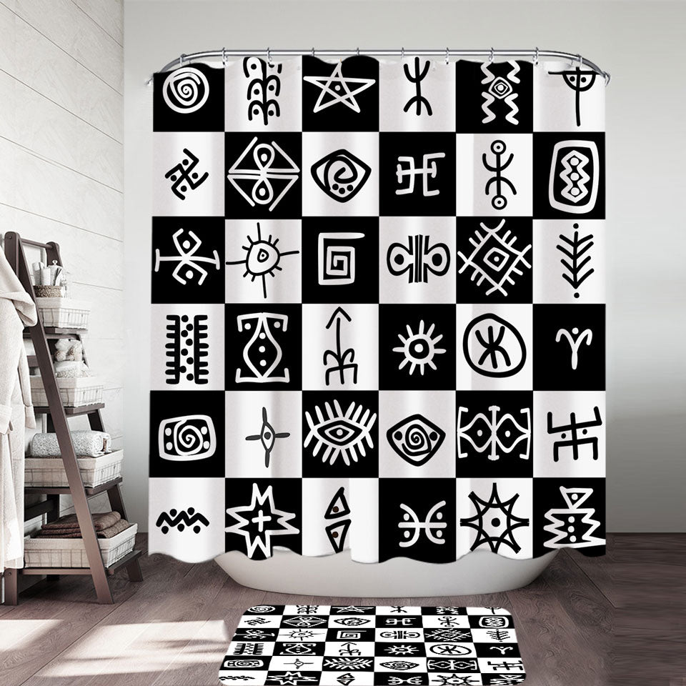 Black and White Aztec Shower Curtain Symbols Checkers