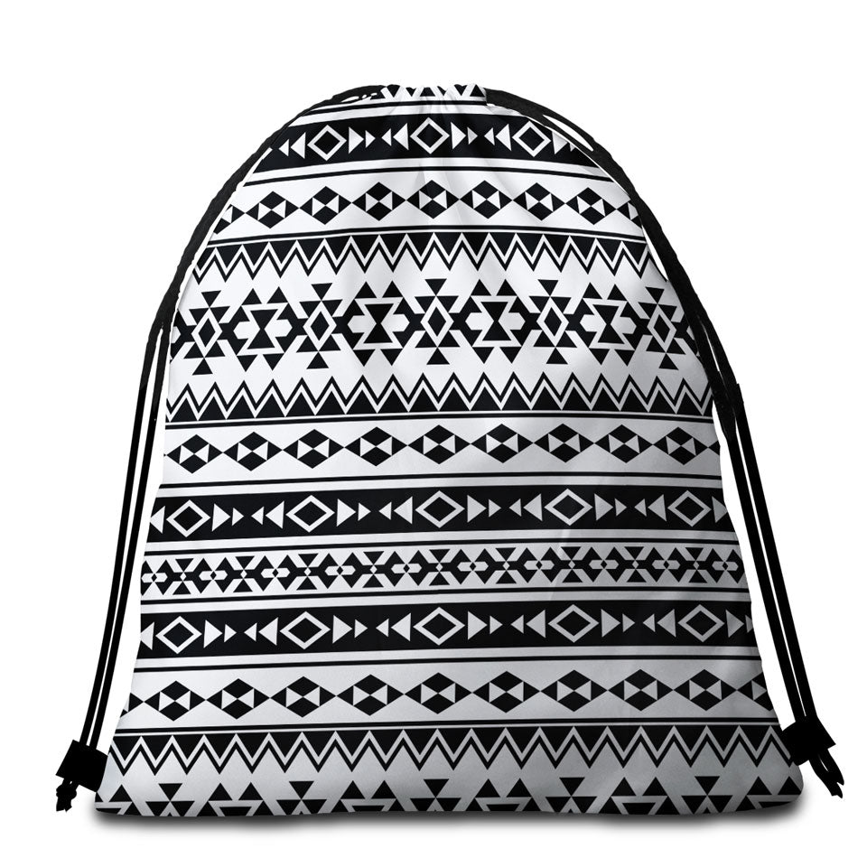 Black and White Aztec Stripes Beach Towel Bags