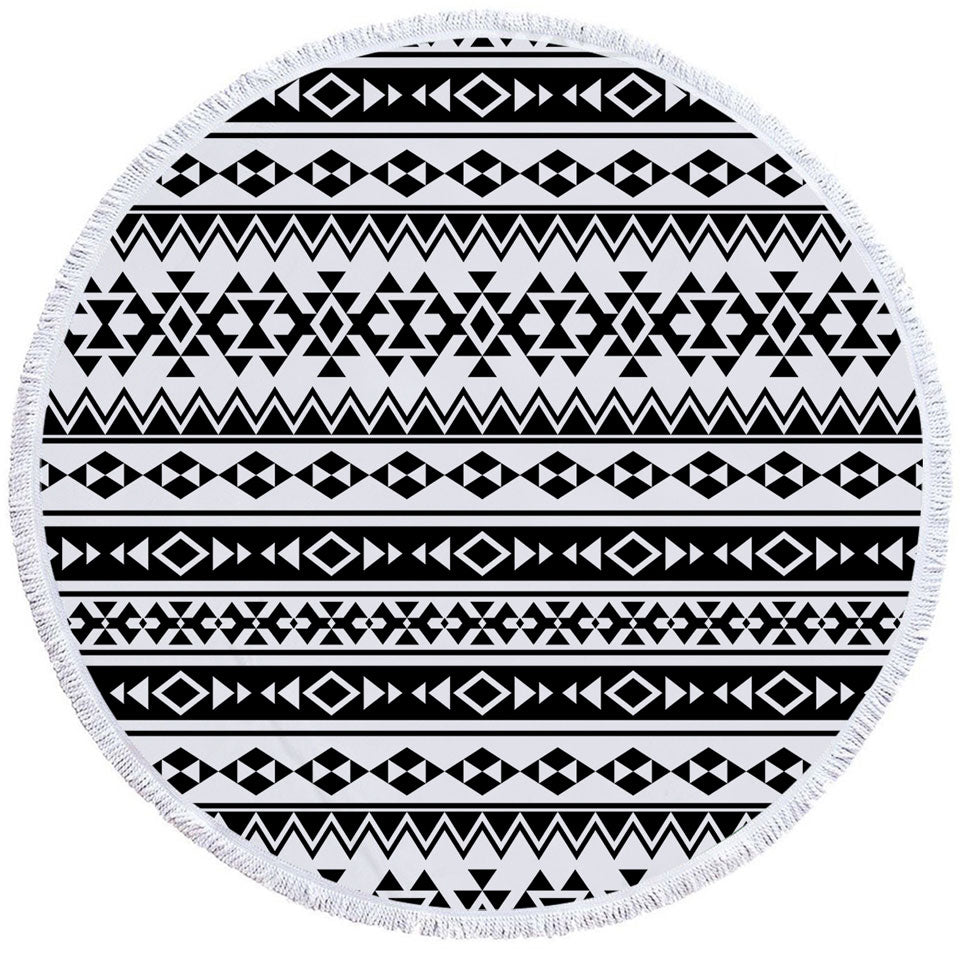 Black and White Aztec Stripes Circle Beach Towel