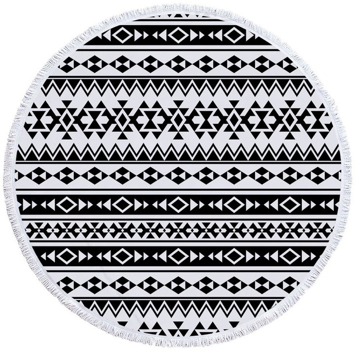 Black and White Aztec Stripes Circle Beach Towel