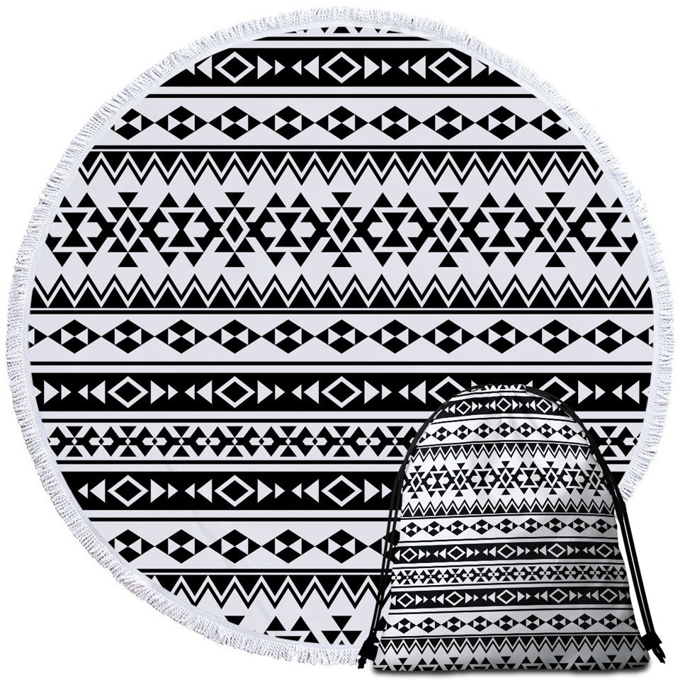 Black and White Aztec Stripes Round Beach Towel