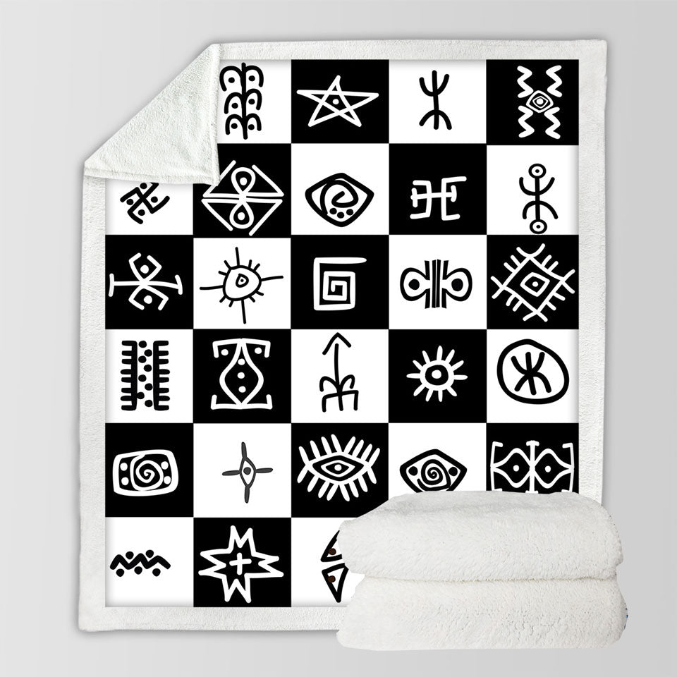 Black and White Aztec Throw Blanket with Symbols Checkers