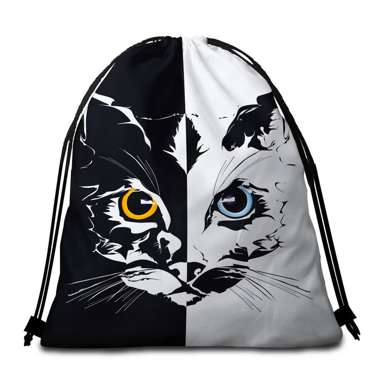 Black and White Beach Towel Bags Tough Cat Face Yellow VS Blue
