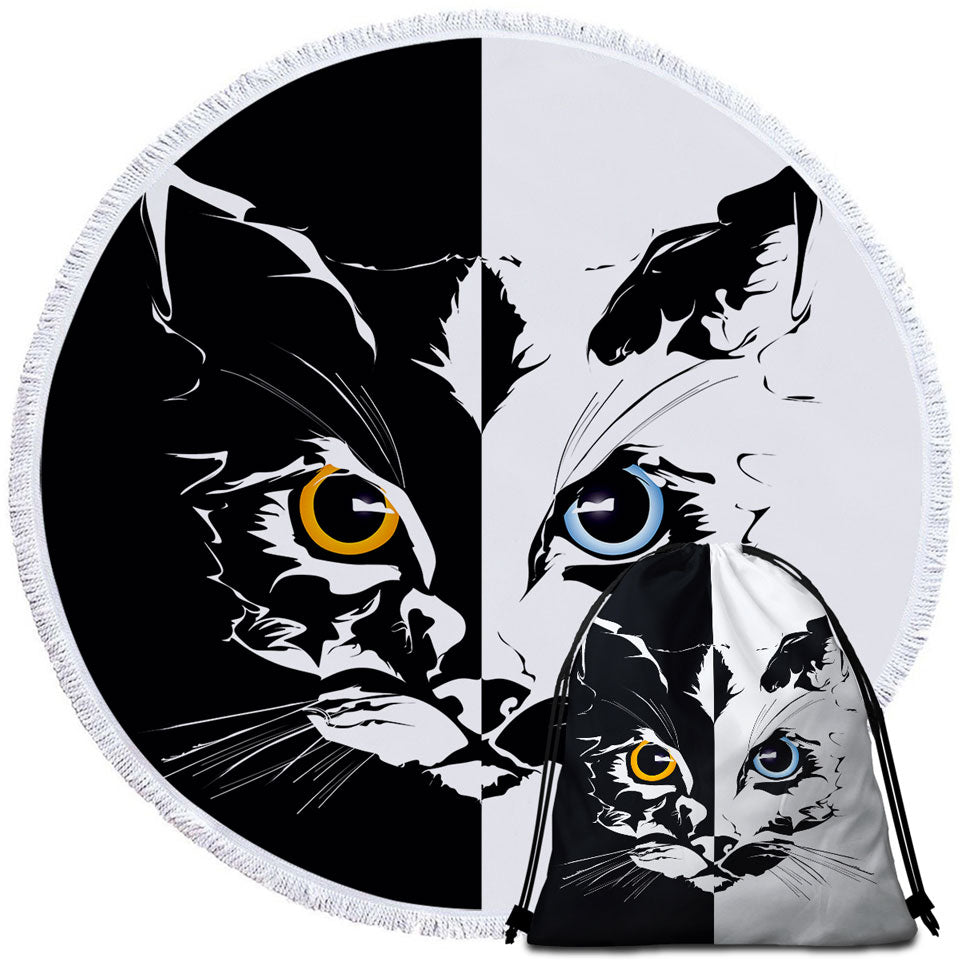 Black and White Beach Towels Tough Cat Face Yellow VS Blue