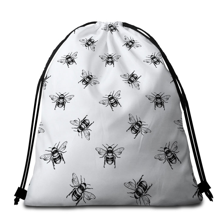 Black and White Bee Pattern Packable Beach Towel