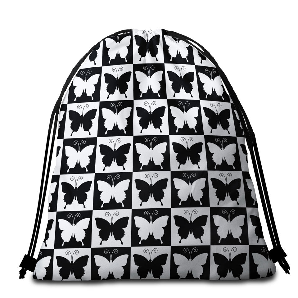Black and White Checkered Butterflies Beach Towel Bags