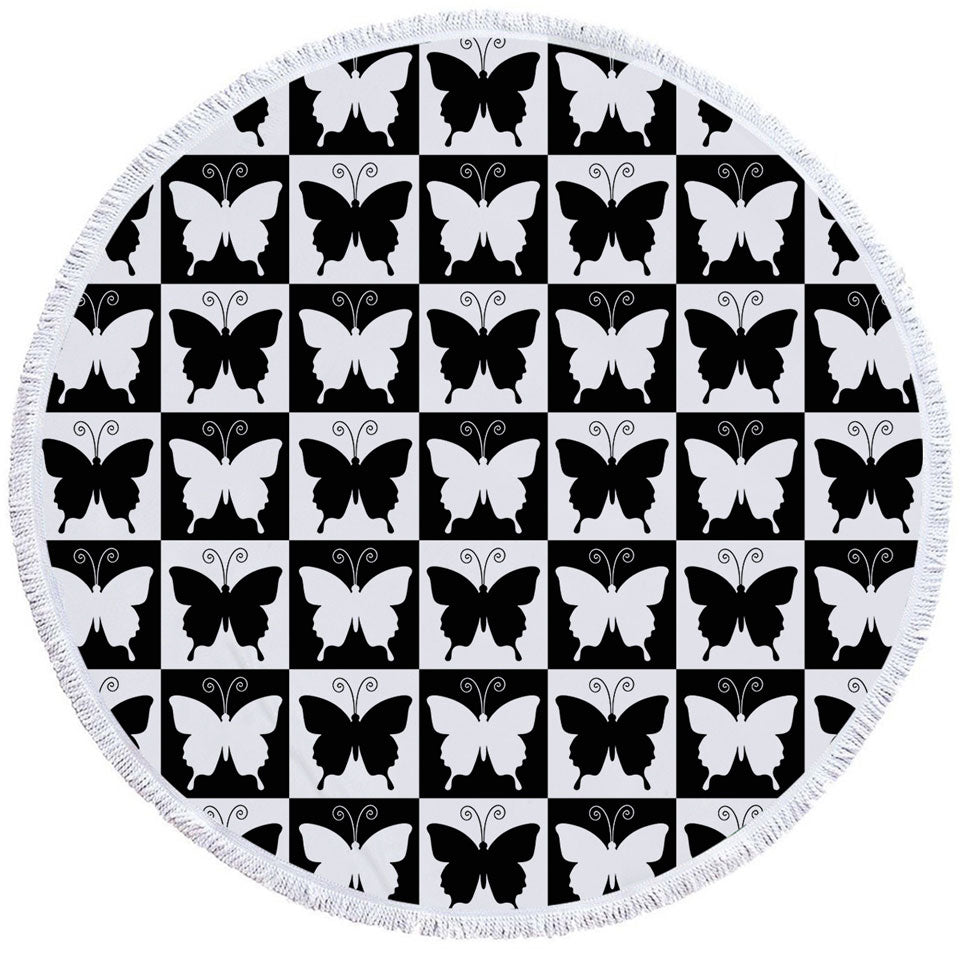 Black and White Checkered Butterflies Beach Towels