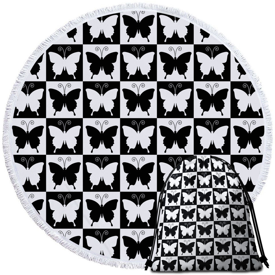 Black and White Checkered Butterflies Circle Beach Towel