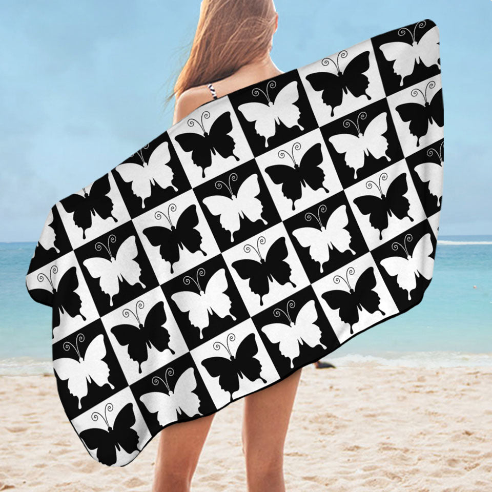 Black and White Checkered Butterflies Microfibre Beach Towels