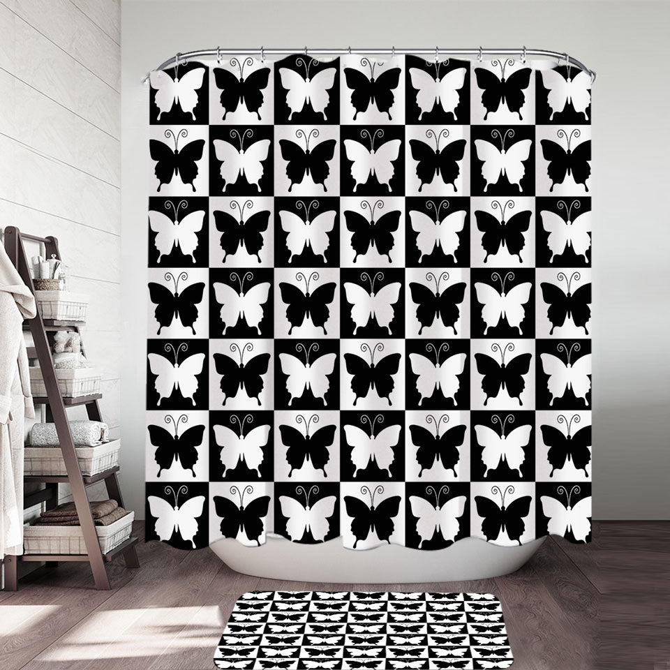 Black and White Checkered Butterflies Shower Curtains
