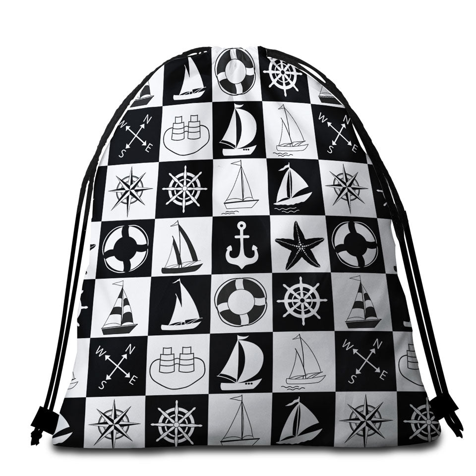 Black and White Checkered Nautical Themed Packable Beach Towel