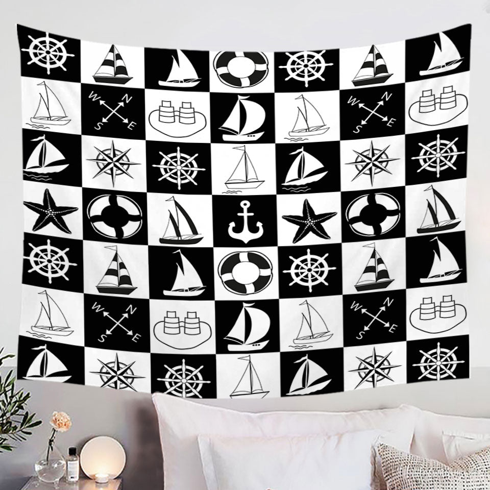 Black and White Checkered Nautical Themed Tapestry