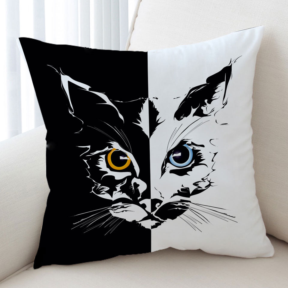 Black and White Cushion Covers Tough Cat Face Yellow VS Blue