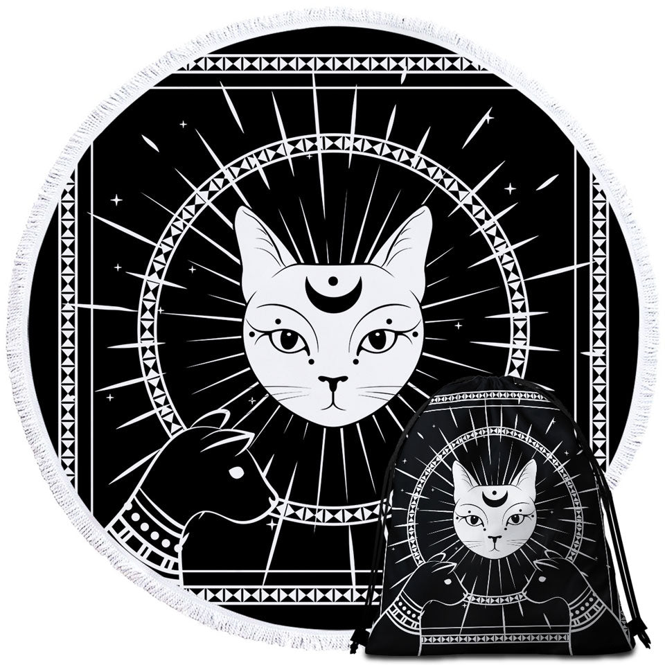 Black and White Egyptian Cat God Beach Towels