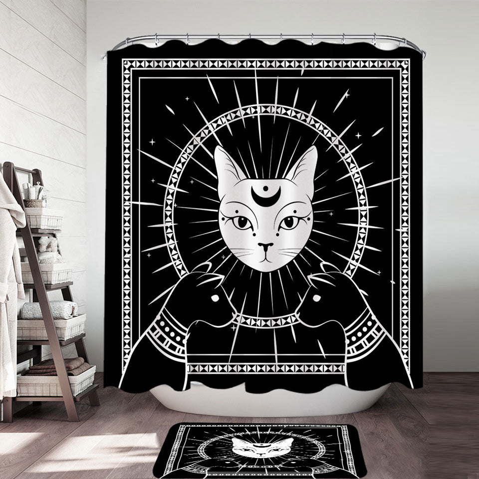 Black and White Egyptian Cat God Fabric Shower Curtains