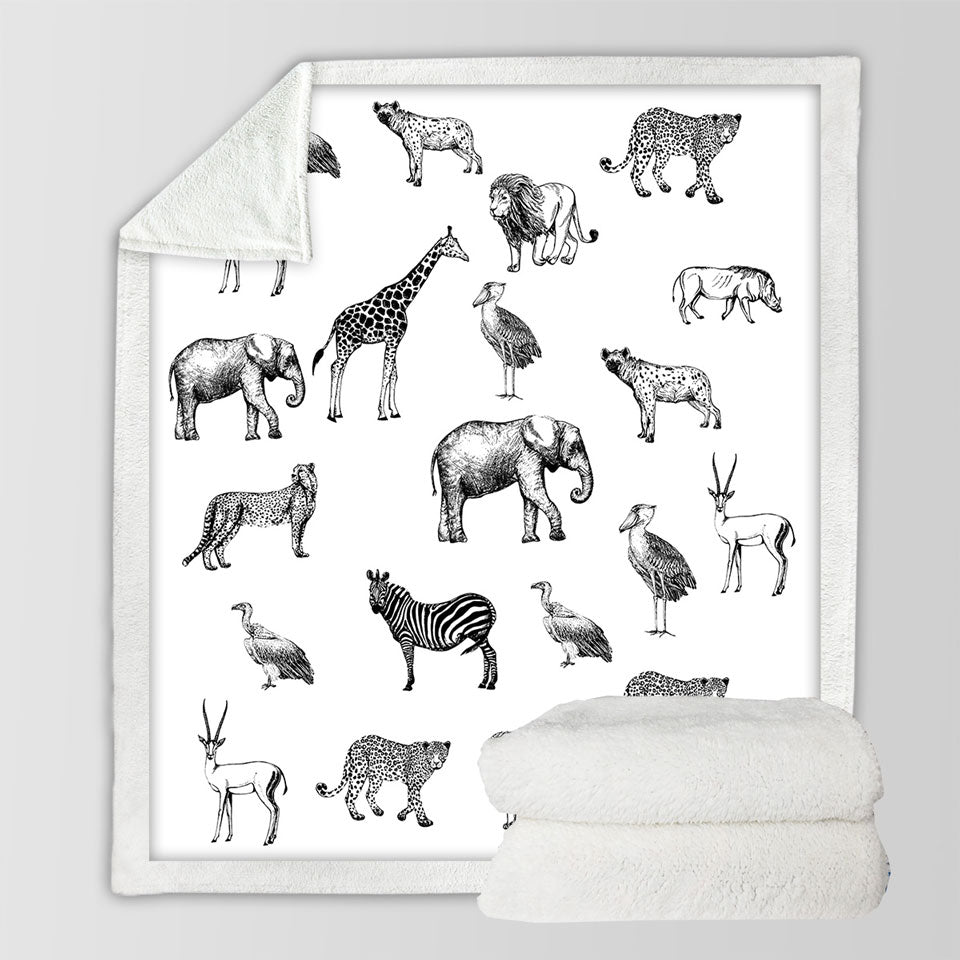 Black and White Fleece Blankets of the African Wildlife Animals