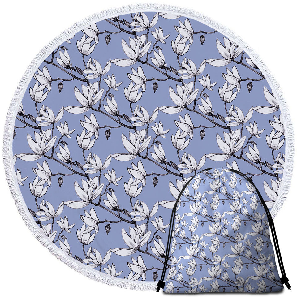 Black and White Flowers Round Beach Towel