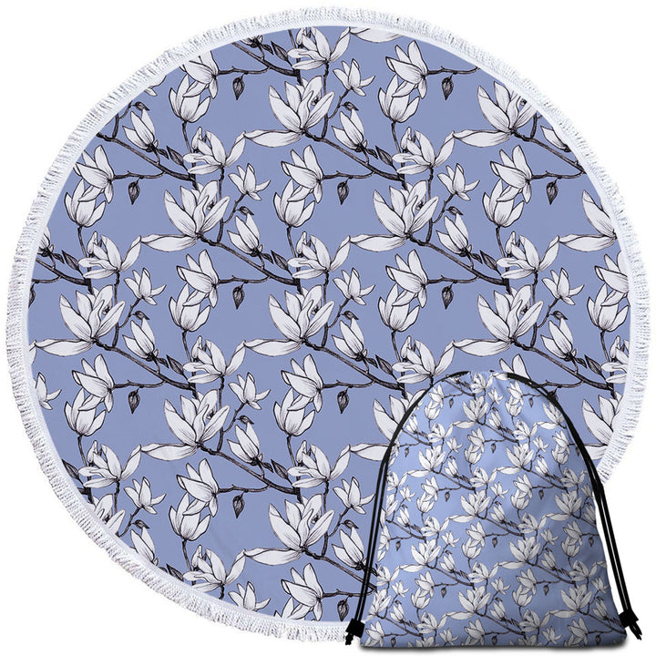Black and White Flowers Round Beach Towel