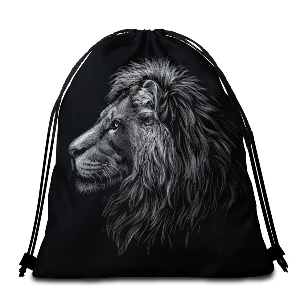 Black and White Handsome Lion Beach Towel Bags for Men