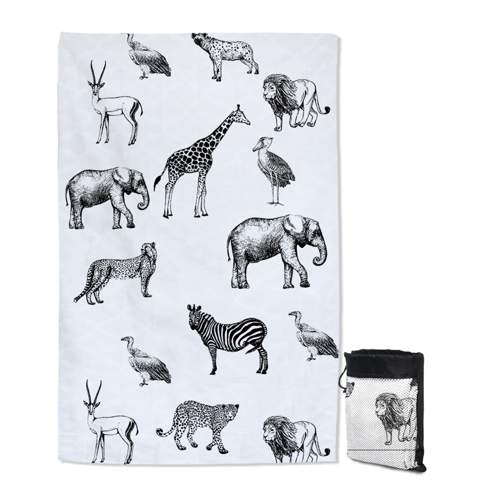 Black and White Lightweight Beach Towel with African Wildlife Animals