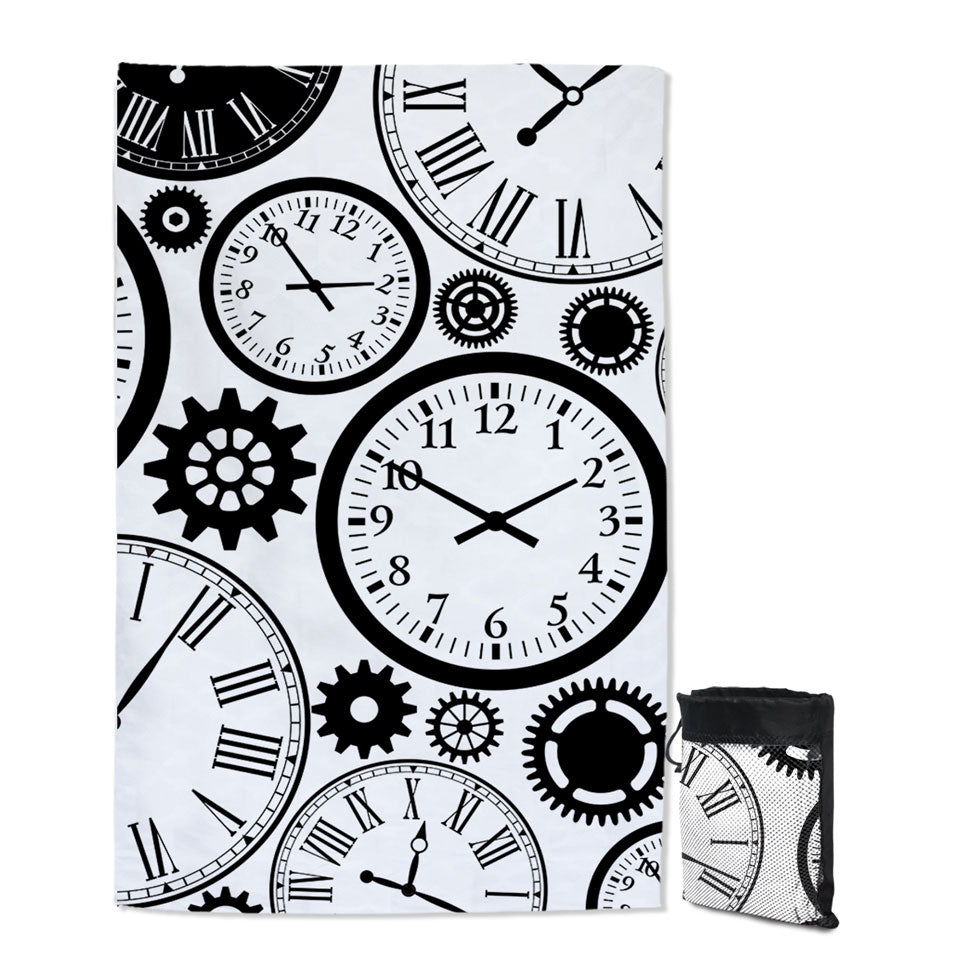 Black and White Lightweight Beach Towel with Clocks