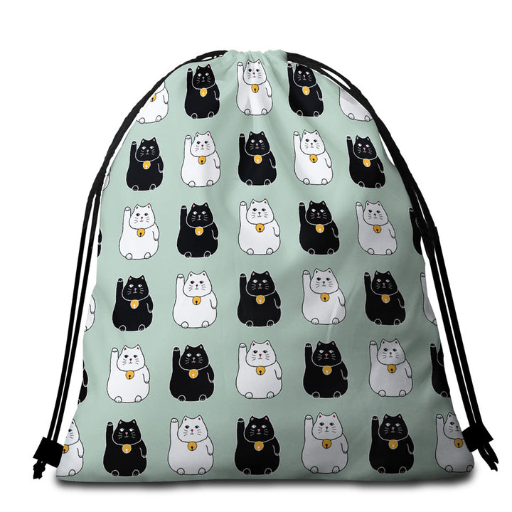 Black and White Lucky Cats Beach Towel Bags