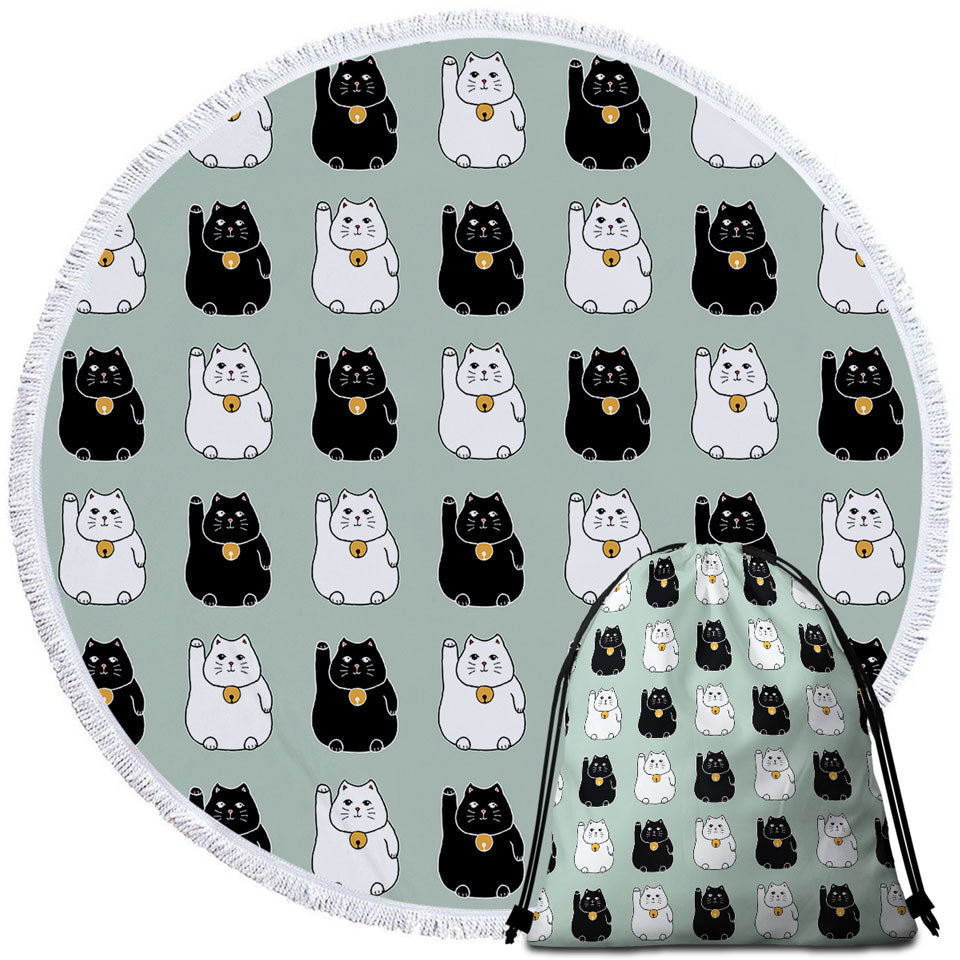 Black and White Lucky Cats Circle Beach Towel