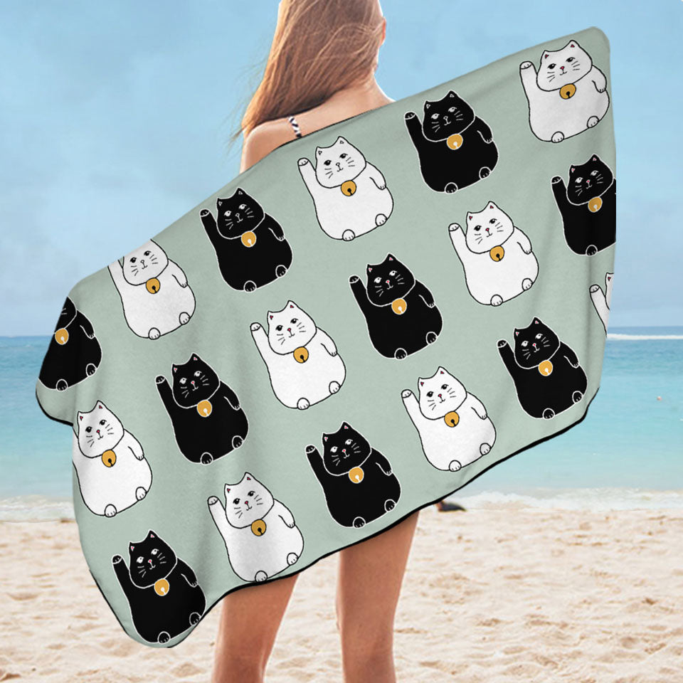 Black and White Lucky Cats Microfibre Beach Towels