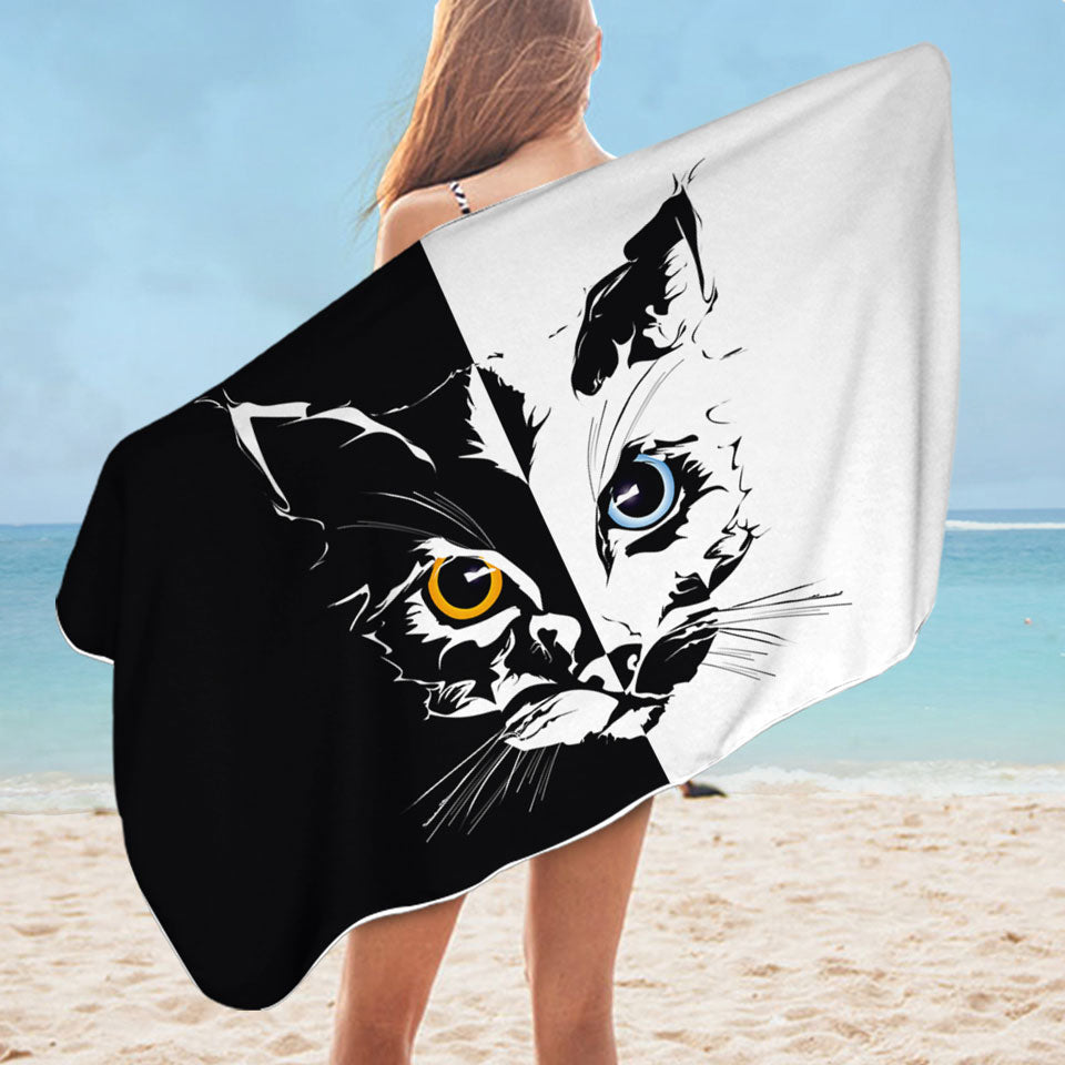 Black and White Microfiber Beach Towel Tough Cat Face Yellow VS Blue