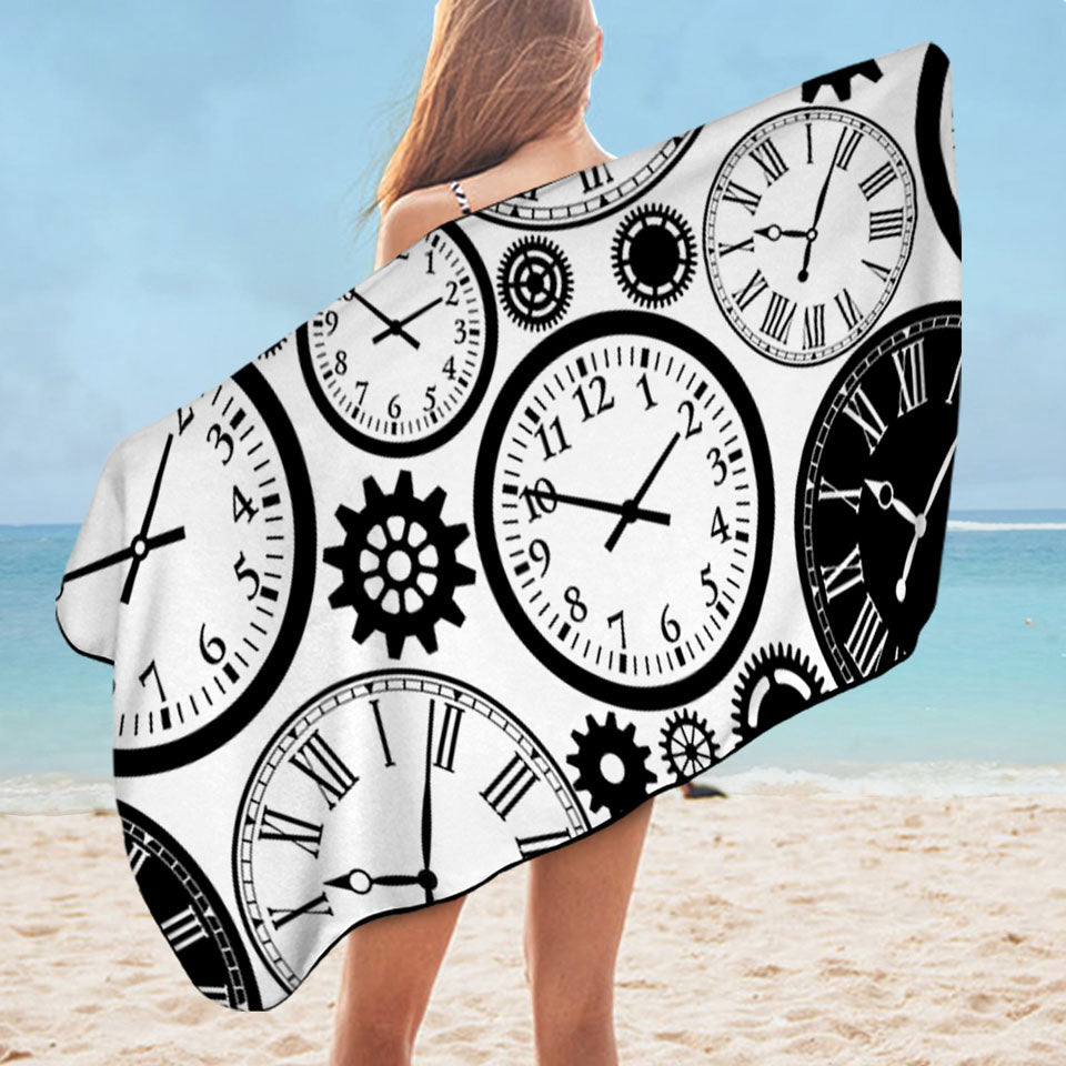 Black and White Microfibre Beach Towels with Clocks
