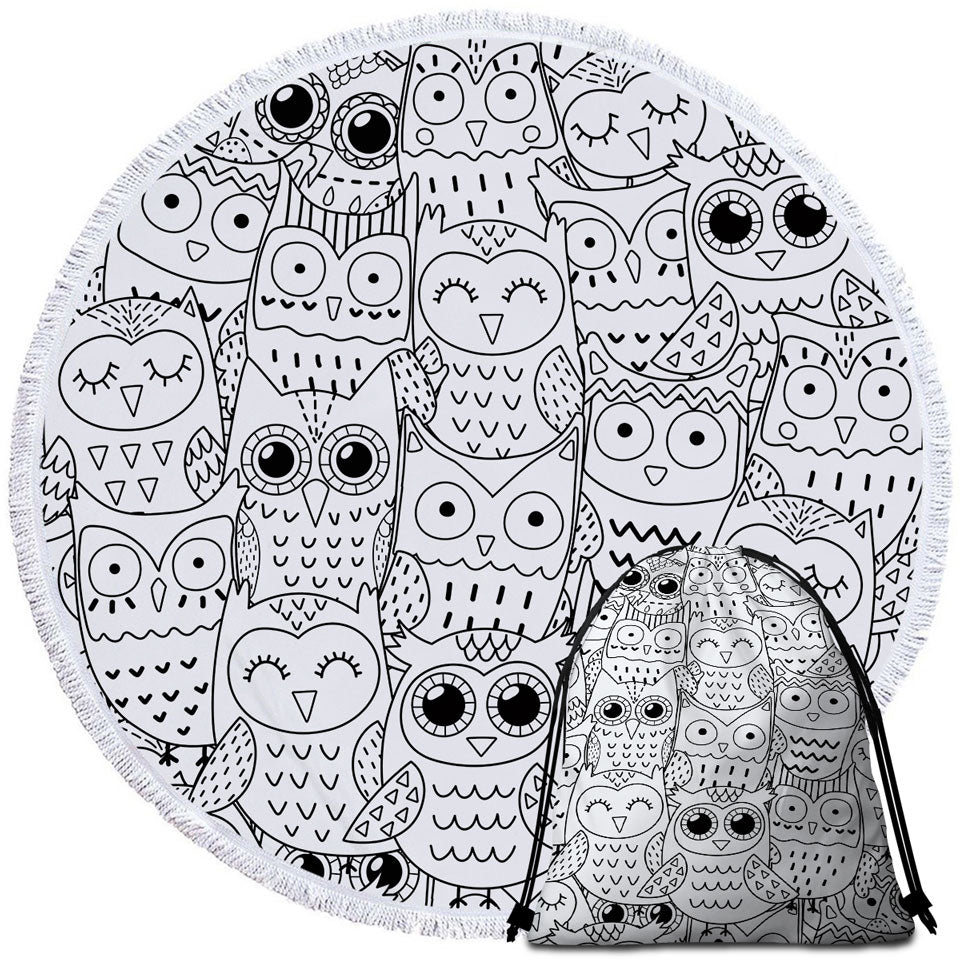 Black and White Owls Beach Towels and Bags Set
