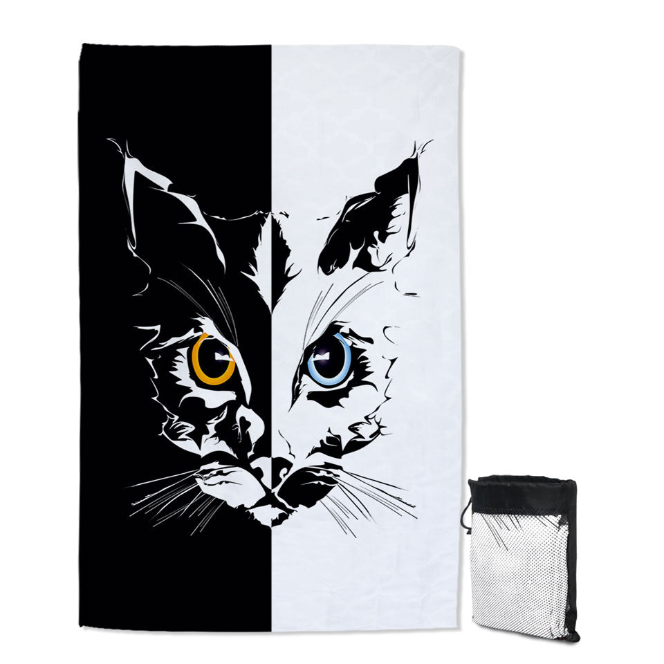 Black and White Quick Dry Beach Towel Tough Cat Face Yellow VS Blue