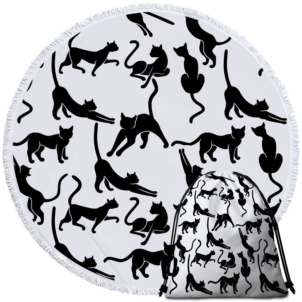 Black and White Round Beach Towel with Cat Silhouettes