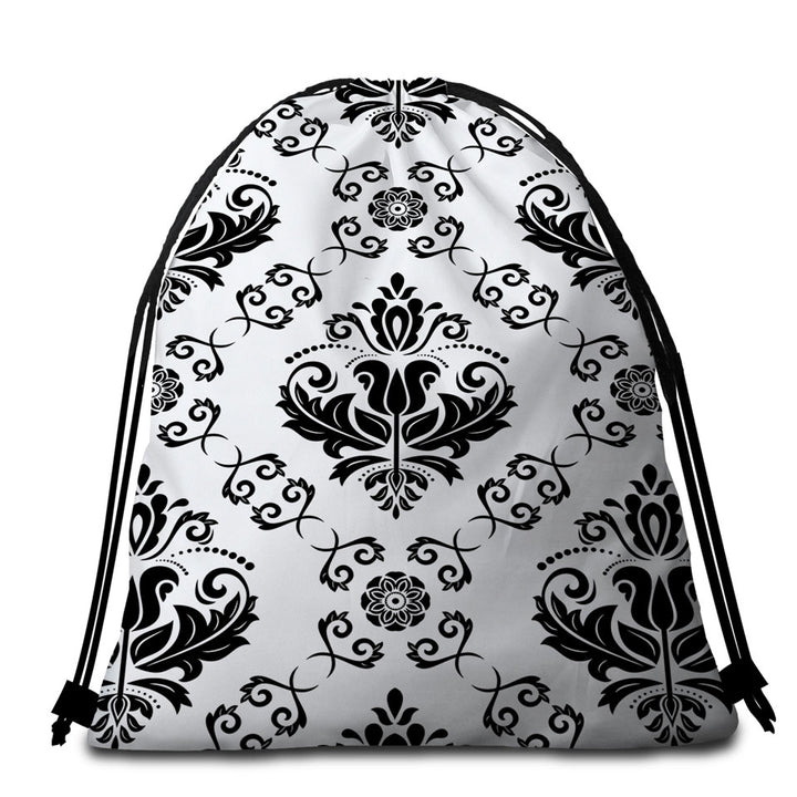 Black and White Royal Floral Beach Bags and Towels