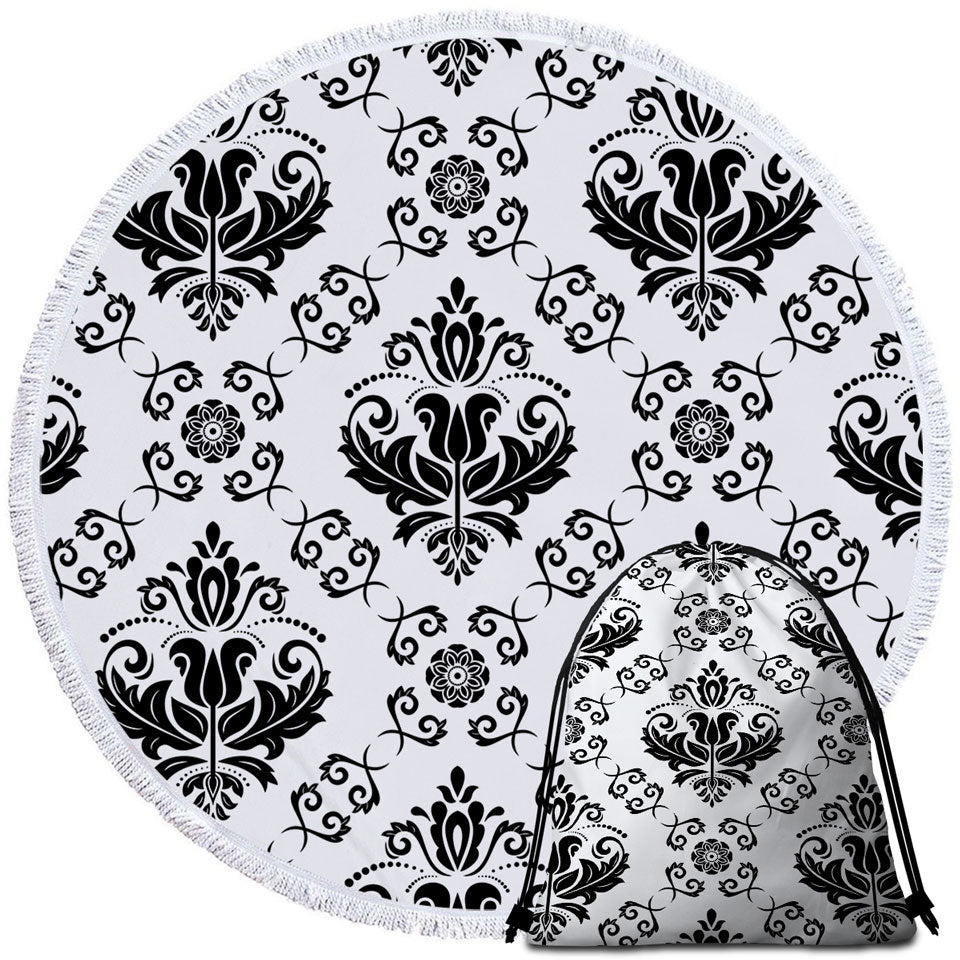Black and White Royal Floral Beach Towels and Bags Set