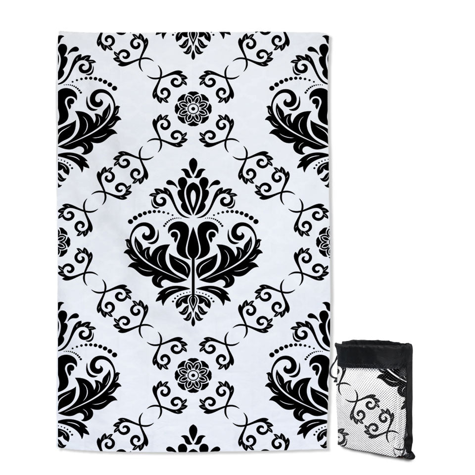 Black and White Royal Floral Lightweight Beach Towel