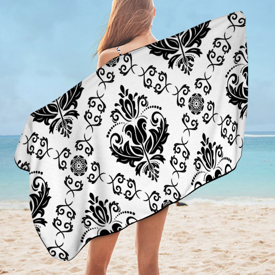 Black and White Royal Floral Quick Dry Beach Towel