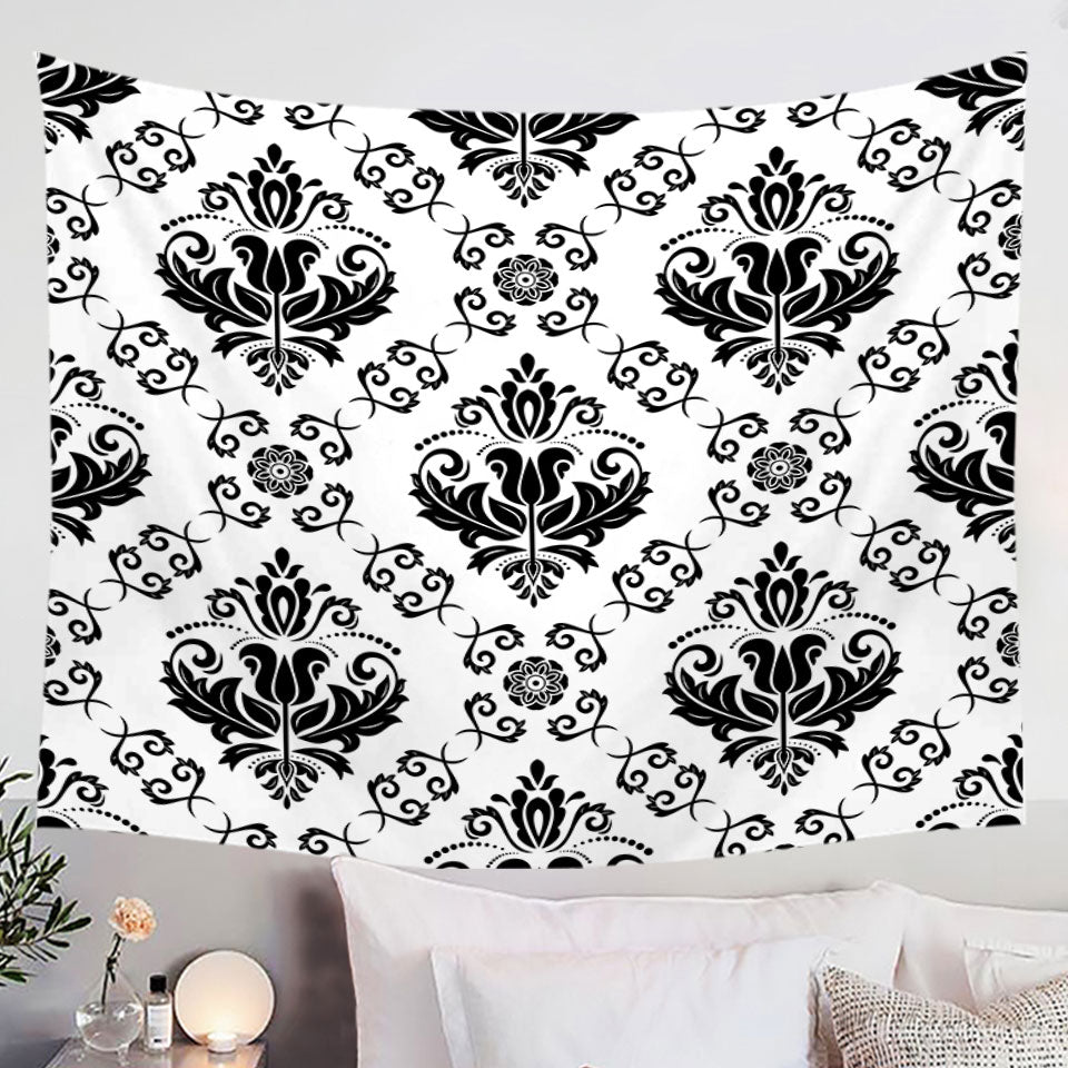 Black and White Royal Floral Wall Decor Tapestry