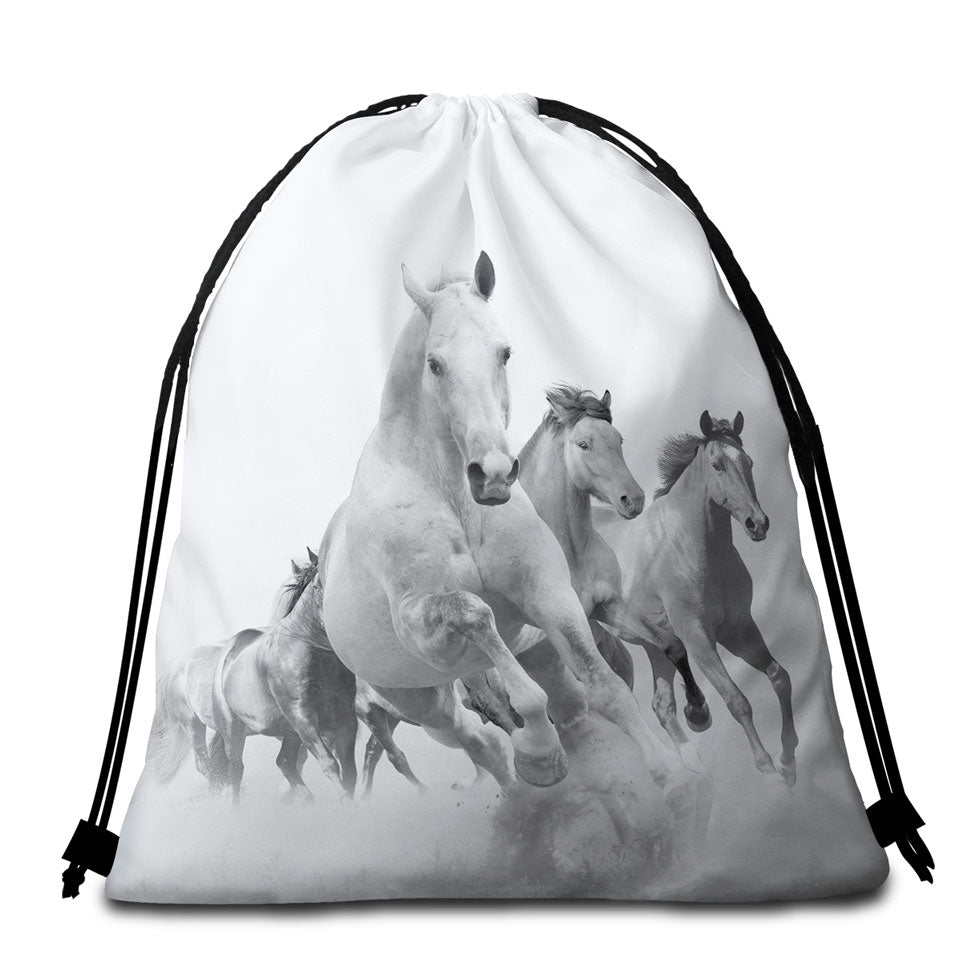 Black and White Running Horses Beach Towel Bags